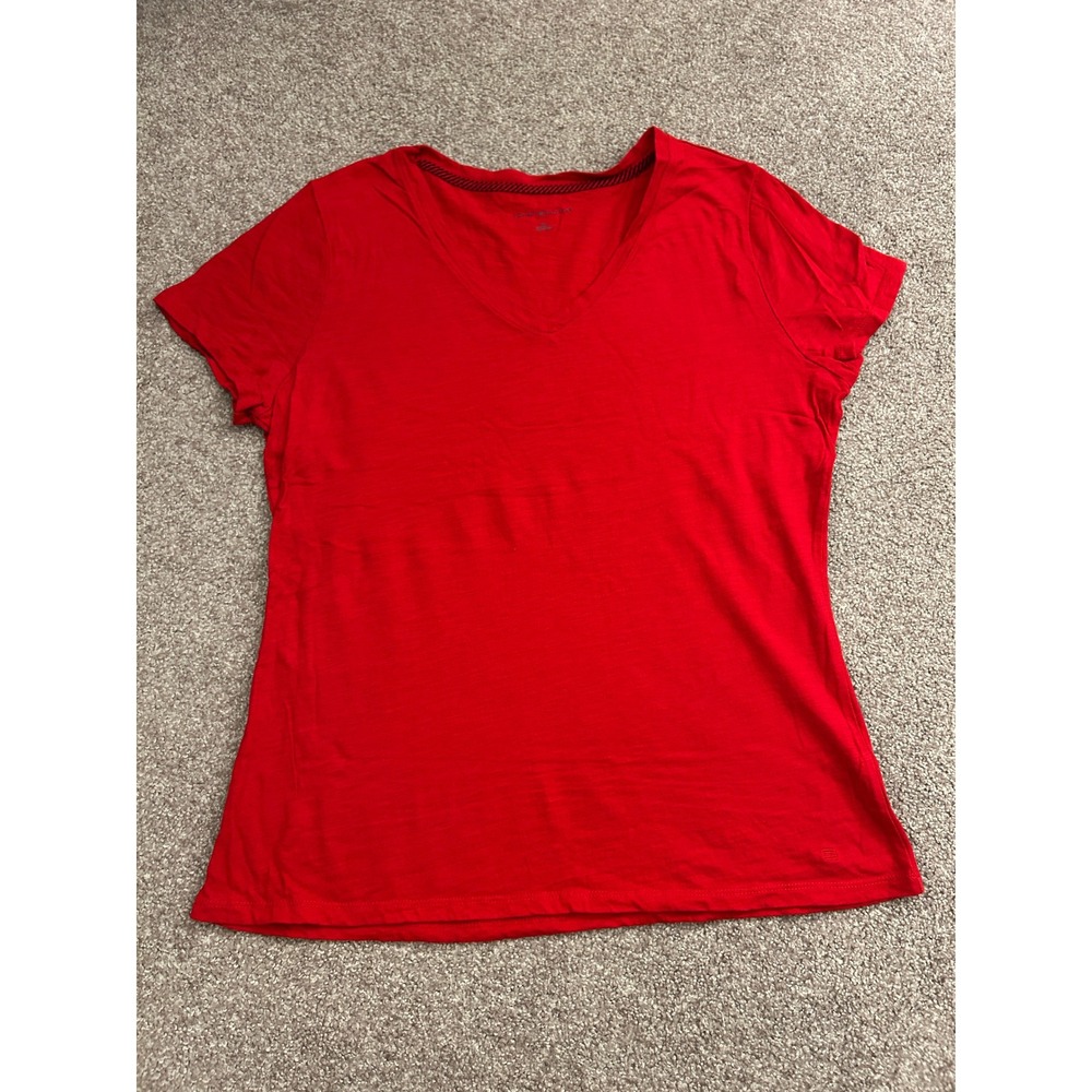 Tommy Hilfiger V-Neckβ T-Shirt Womens Large Red Excellent Slub Knit Short Sleeve